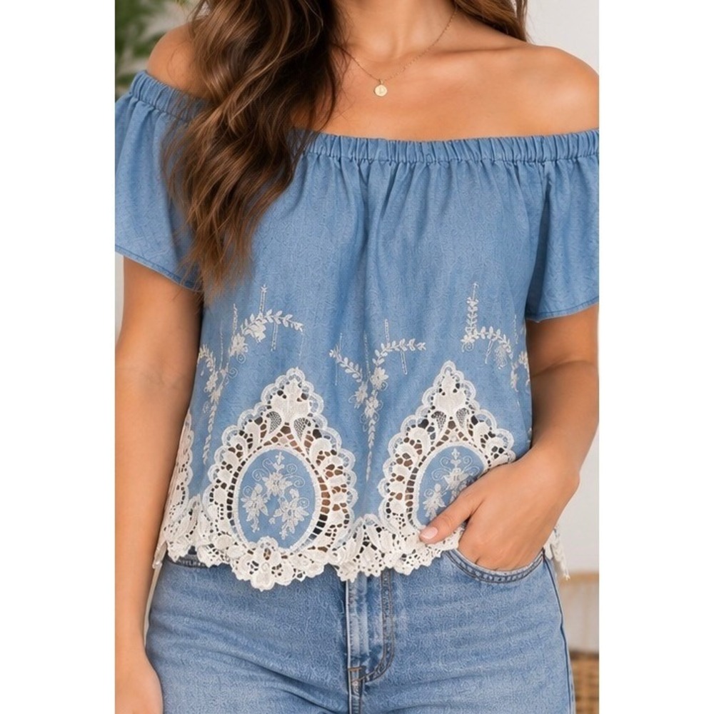 Women's Off The Shoulder Top Blue Floral Embroidered Eyelet Lace Blouse Size-M